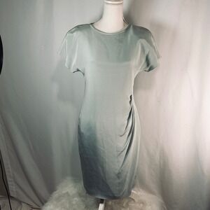 Linda Allard Ellen Tracy Silk Sheath Dress Sage Green Side Drape Size 2